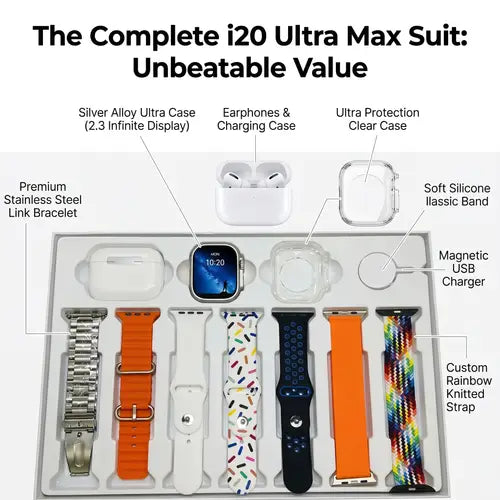 i20 Ultra Max Smart Watch With 7 Straps + Free Earbuds